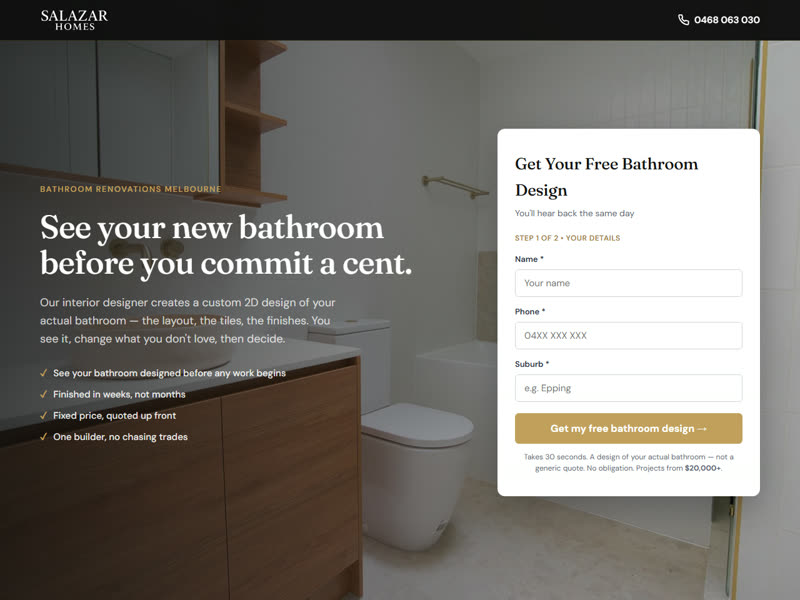 Salazar Homes landing page: See your new bathroom before you commit a cent